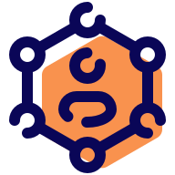 Orange icon with person in the middle surrounded by circles connect by lines